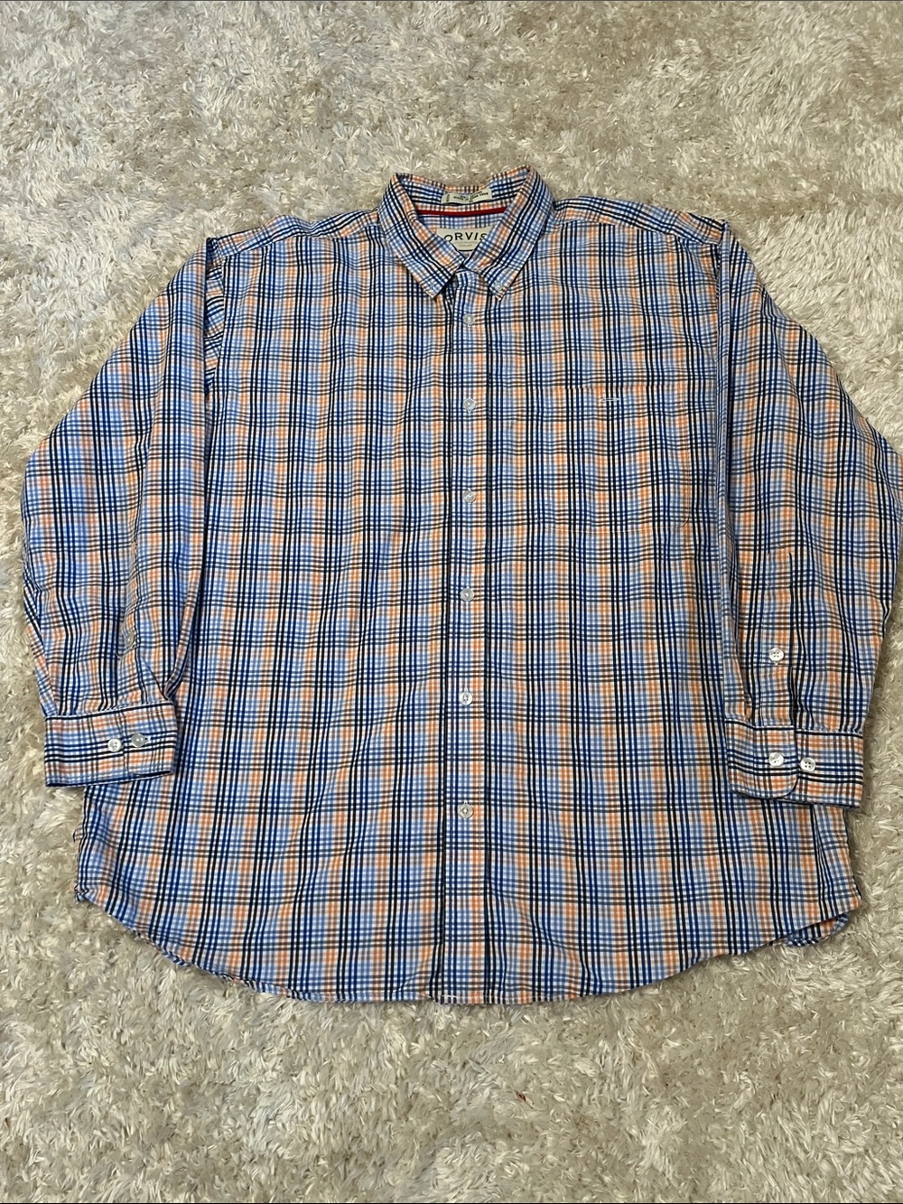 Orvis Men's Blue and Orange Plaid Cotton Button-Down Shirt 100% Cotton